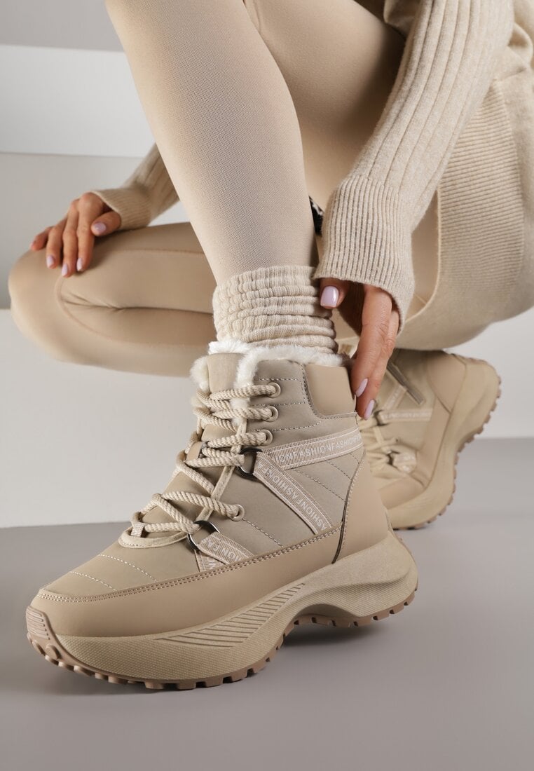 Ciemnobeżowe Sportowe Śniegowce Chunky na Platformie Ishweda