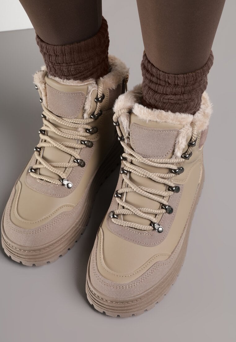 Ciemnobeżowe Sneakersy w Stylu Traperów na Platformie Ewedora