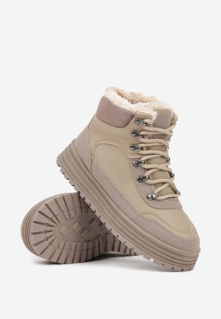 Ciemnobeżowe Sneakersy w Stylu Traperów na Platformie Ewedora