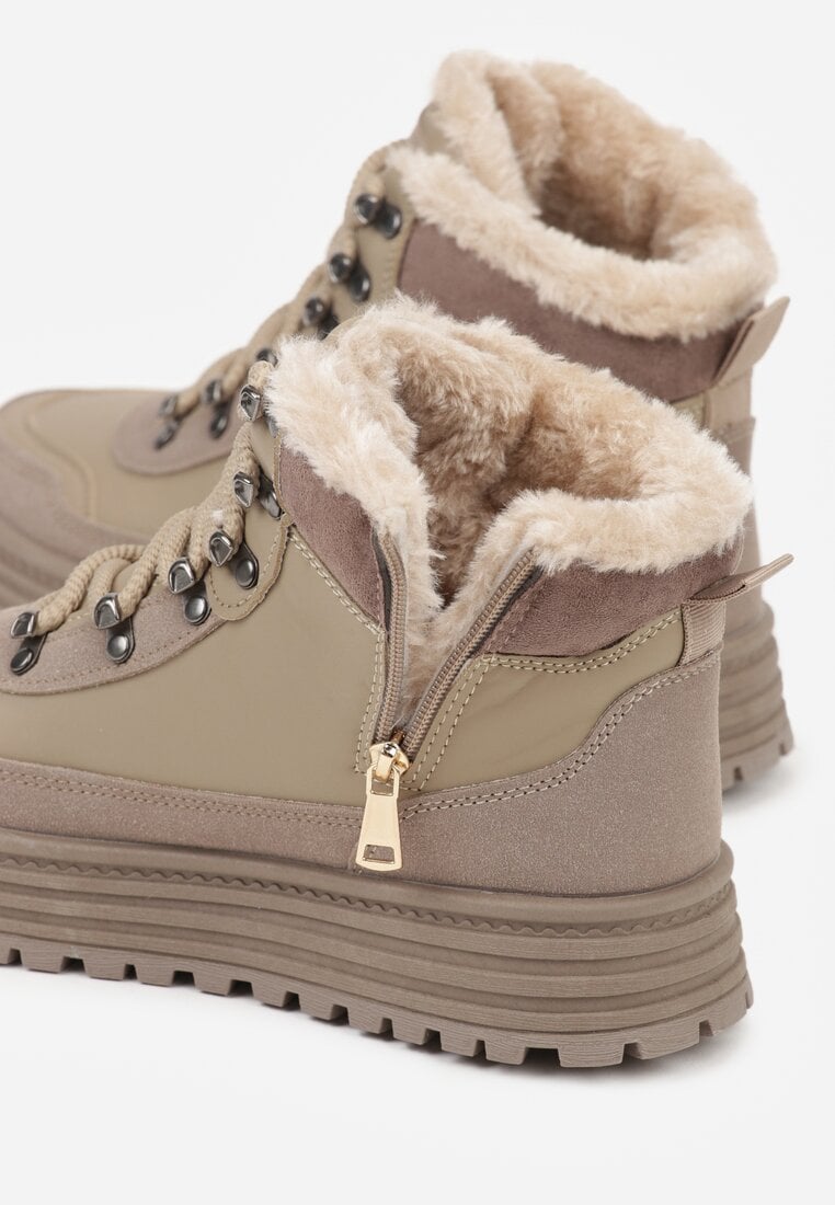 Ciemnobeżowe Sneakersy w Stylu Traperów na Platformie Ewedora