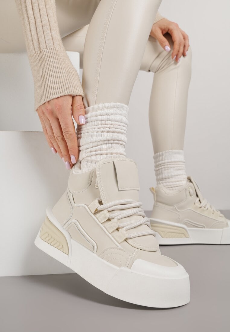 Beżowe Sneakersy z Ociepleniem na Platformie z Tłoczeniem Newedela