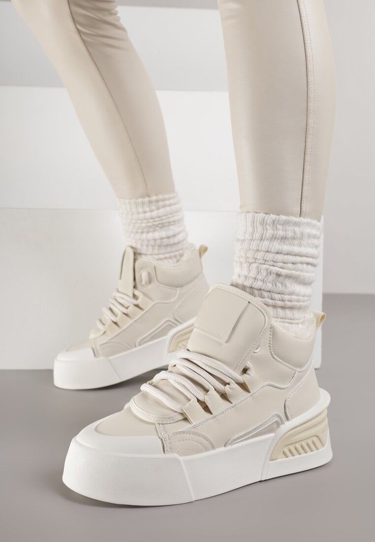 Beżowe Sneakersy z Ociepleniem na Platformie z Tłoczeniem Newedela