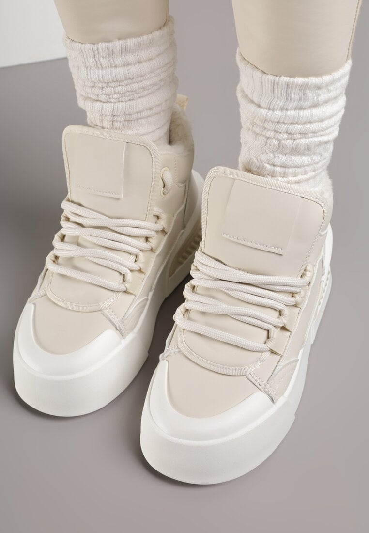 Beżowe Sneakersy z Ociepleniem na Platformie z Tłoczeniem Newedela