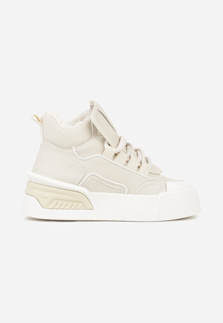 Beżowe Sneakersy z Ociepleniem na Platformie z Tłoczeniem Newedela