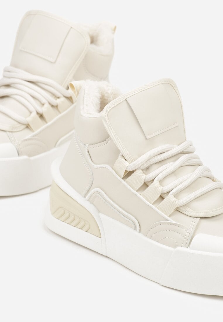 Beżowe Sneakersy z Ociepleniem na Platformie z Tłoczeniem Newedela