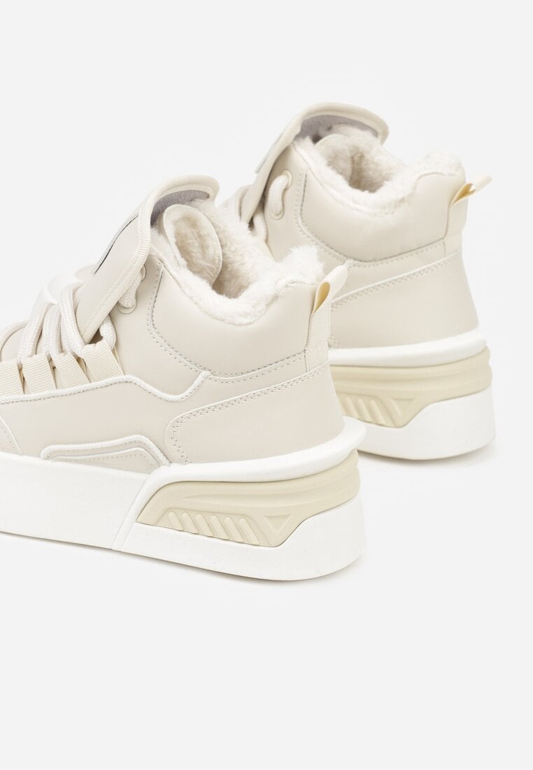 Beżowe Sneakersy z Ociepleniem na Platformie z Tłoczeniem Newedela