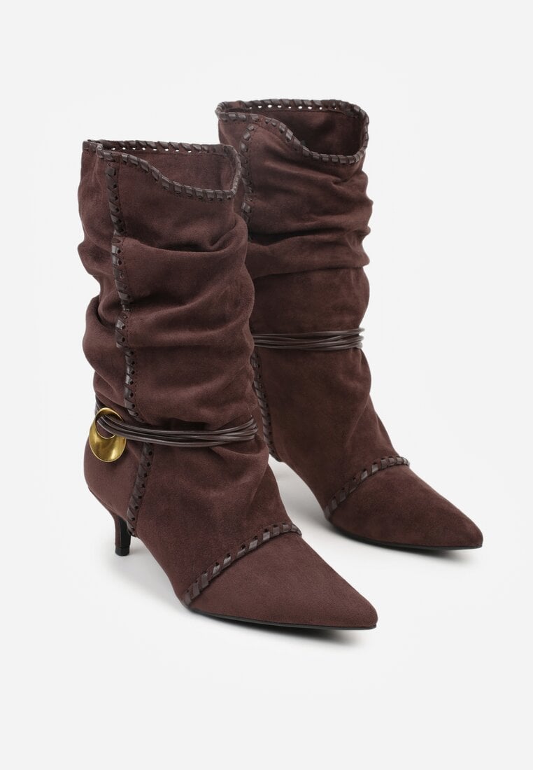 Brązowe Botki na Kaczuszce Slouchy Ozdobione Metaliczną Aplikacją i Sznurkiem Avodvire