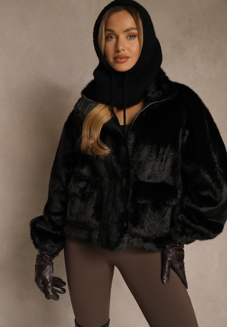 Czarna Kurtka Futerko z Ozdobnymi Kieszeniami Vetiline