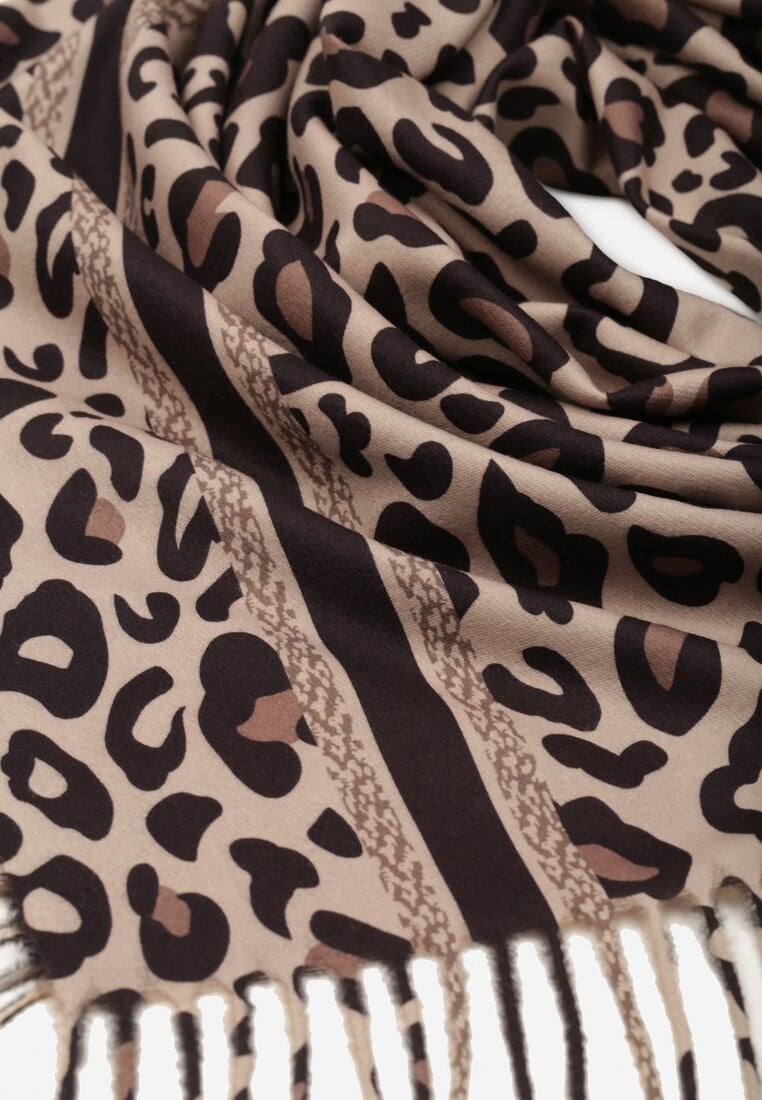 Brązowy Wiskozowy Szalik w Panterkę Wykończony Frędzlami Alefera