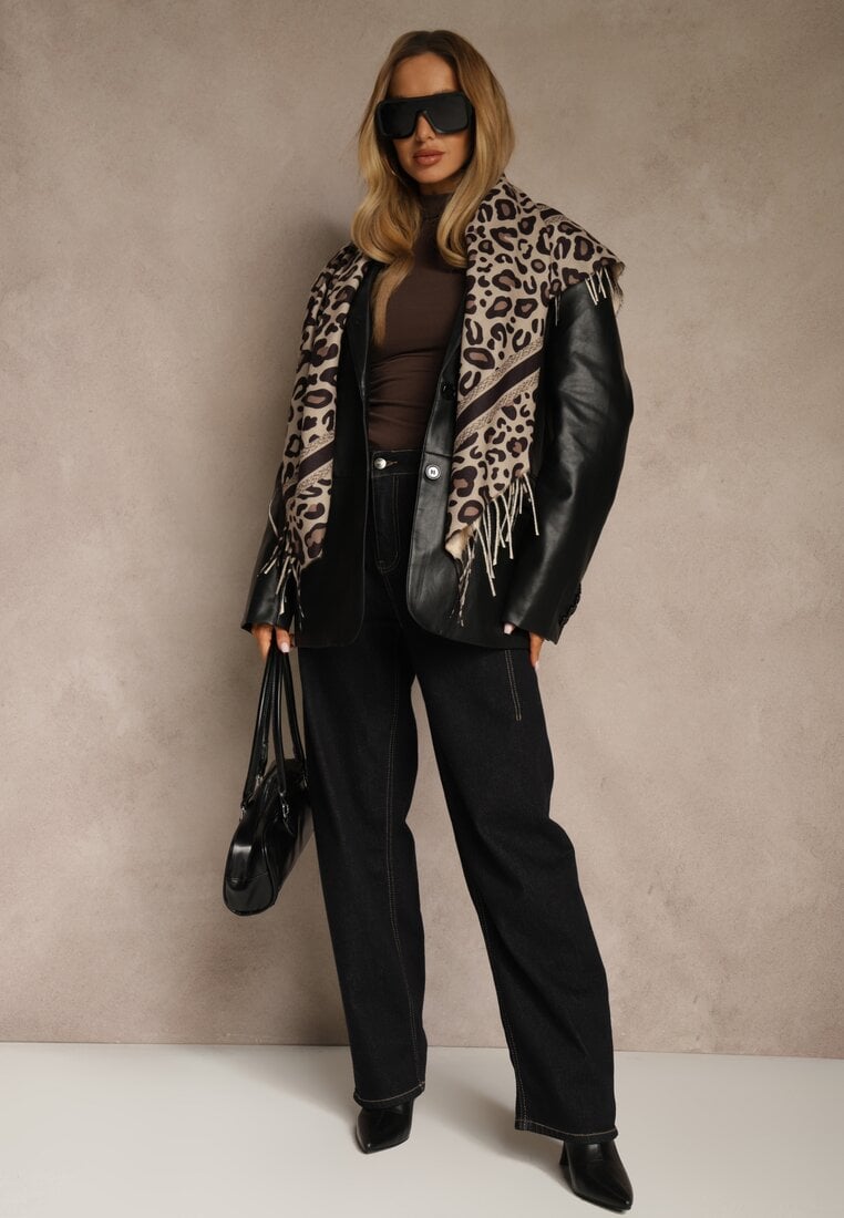 Brązowy Wiskozowy Szalik w Panterkę Wykończony Frędzlami Alefera