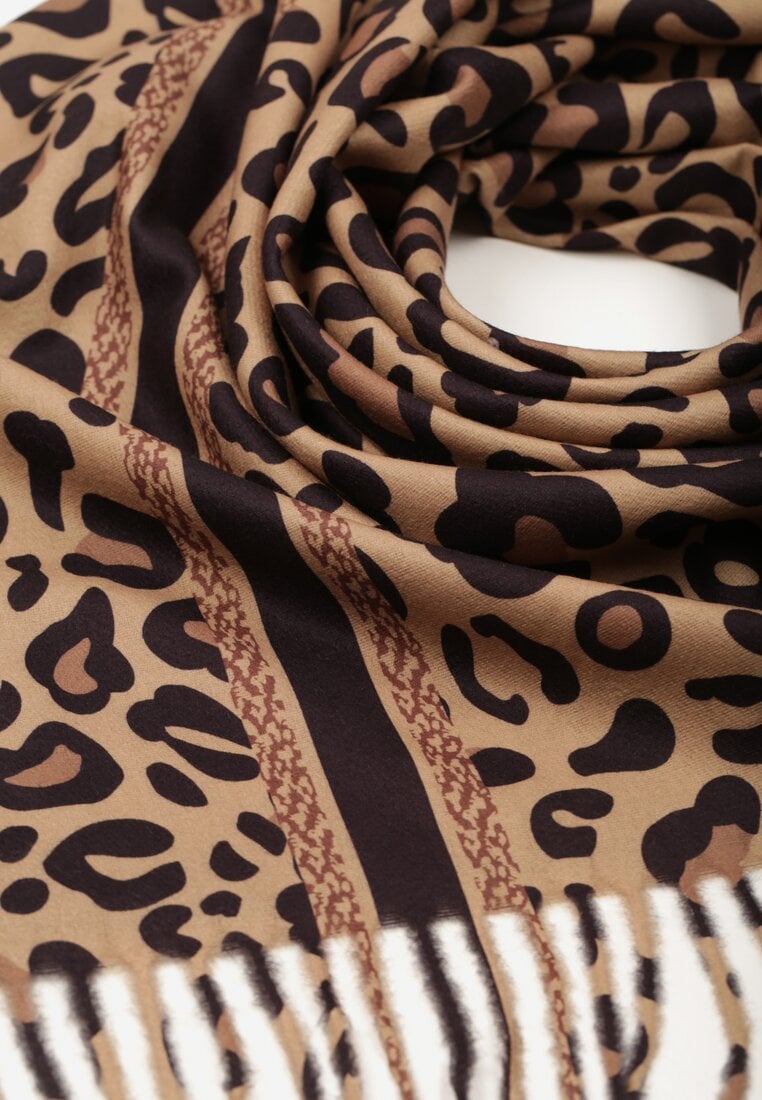 Ciemnobrązowy Wiskozowy Szalik w Panterkę Wykończony Frędzlami Alefera