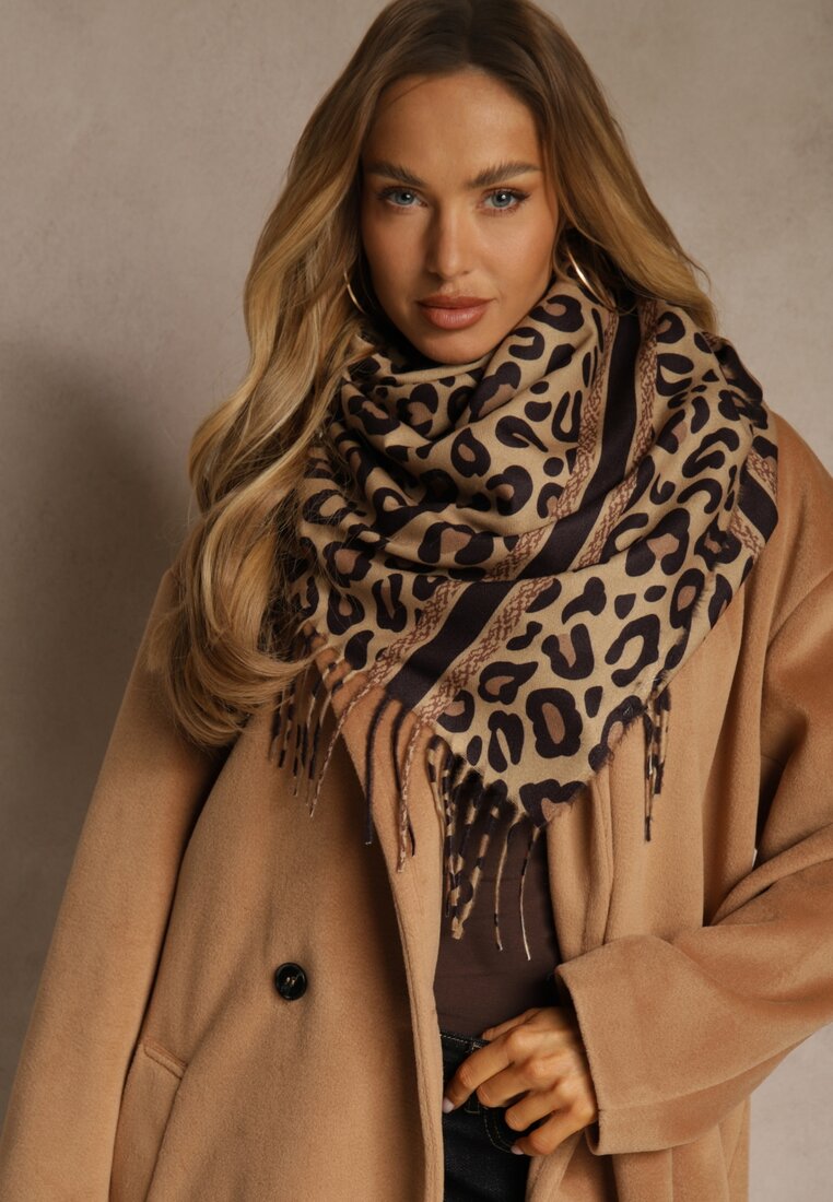 Ciemnobrązowy Wiskozowy Szalik w Panterkę Wykończony Frędzlami Alefera