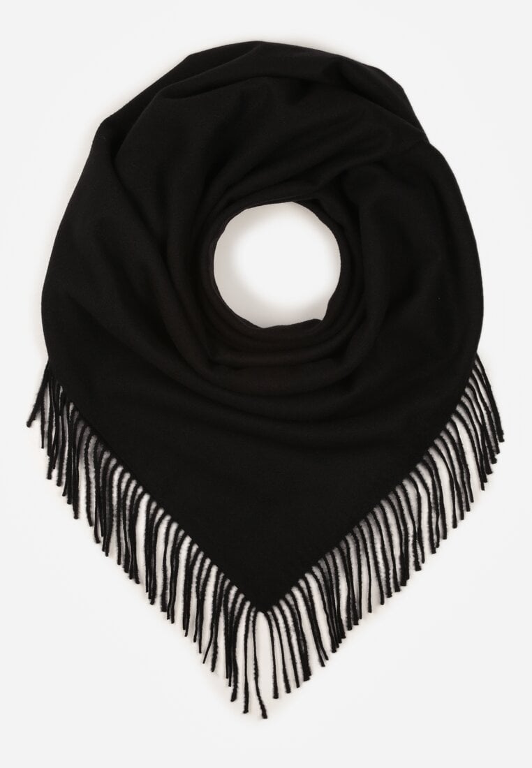 Czarny Bawełniano-Wiskozowy Szalik w Kształcie Trójkąta z Frędzlami Vetisara
