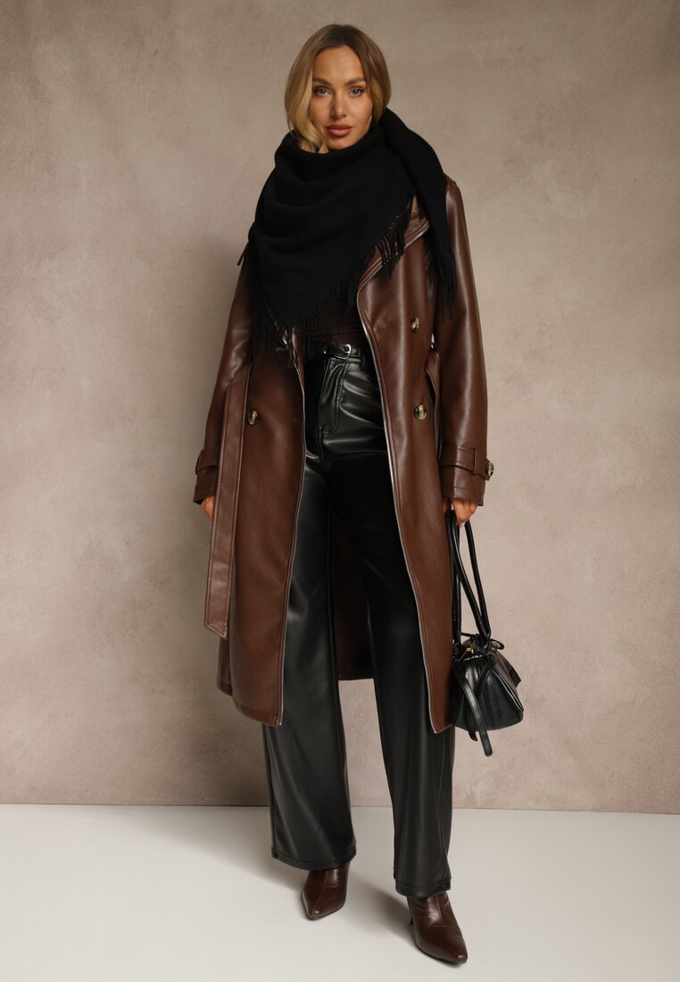 Czarny Bawełniano-Wiskozowy Szalik w Kształcie Trójkąta z Frędzlami Vetisara