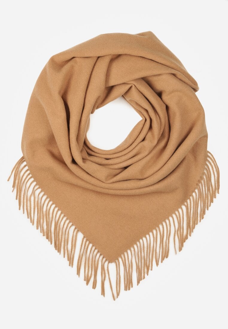 Brązowy Bawełniano-Wiskozowy Szalik w Kształcie Trójkąta z Frędzlami Vetisara