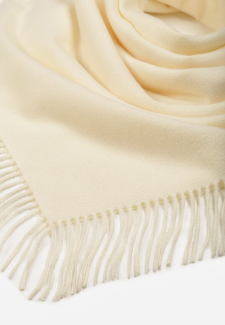 Jasnobeżowy Bawełniano-Wiskozowy Szalik w Kształcie Trójkąta z Frędzlami Vetisara