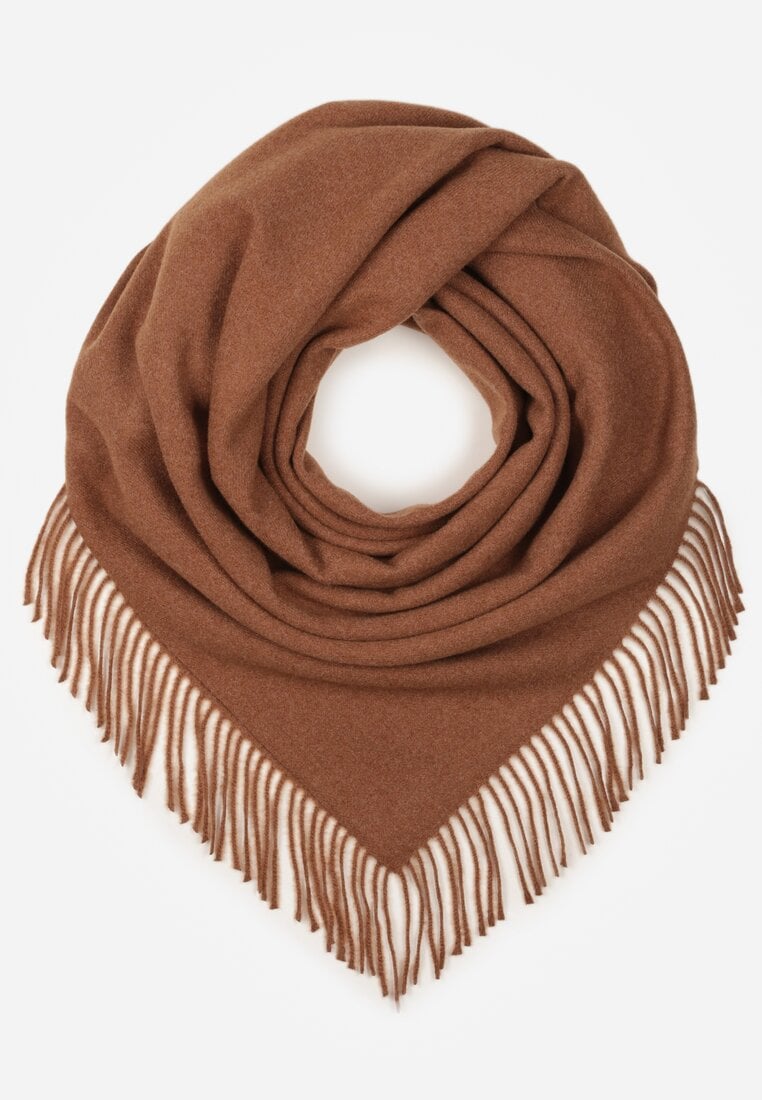 Jasnobrązowy Bawełniano-Wiskozowy Szalik w Kształcie Trójkąta z Frędzlami Vetisara