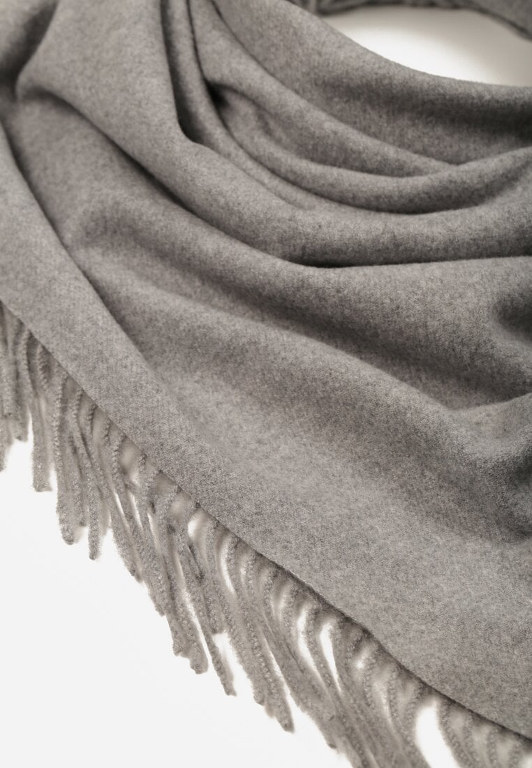 Szary Bawełniano-Wiskozowy Szalik w Kształcie Trójkąta z Frędzlami Vetisara