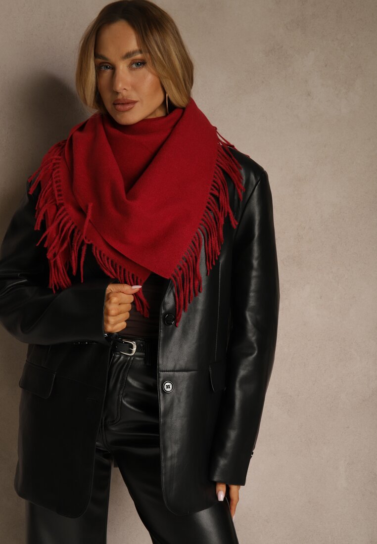 Bordowy Bawełniano-Wiskozowy Szalik w Kształcie Trójkąta z Frędzlami Vetisara