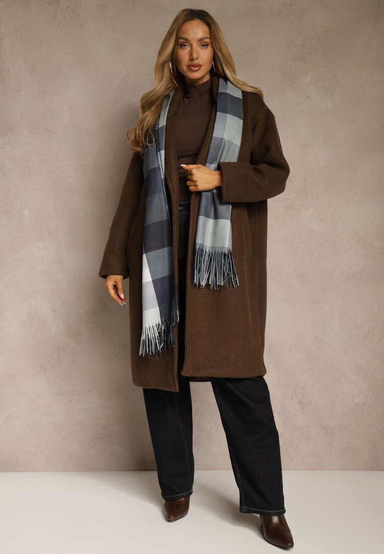 Czarny Wiskozowy Szalik z Frędzlami Zdobiony Wzorem w Kratę Etefera