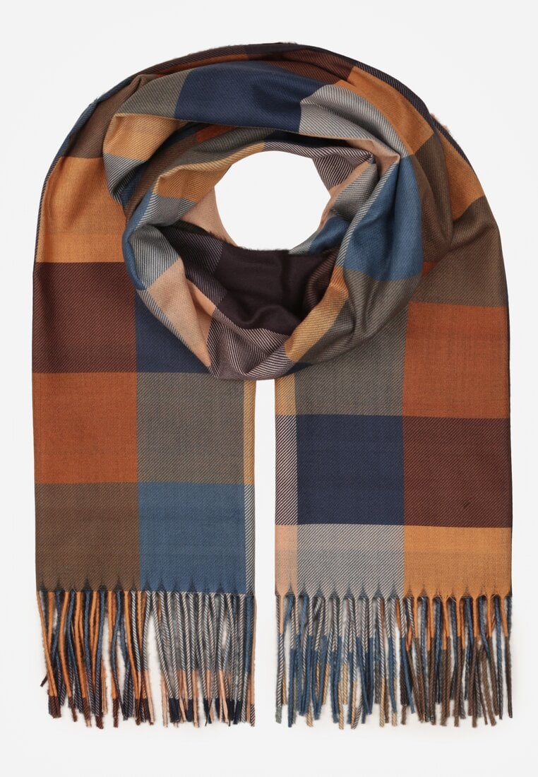 Brązowy Wiskozowy Szalik z Frędzlami Zdobiony Wzorem w Kratę Etefera