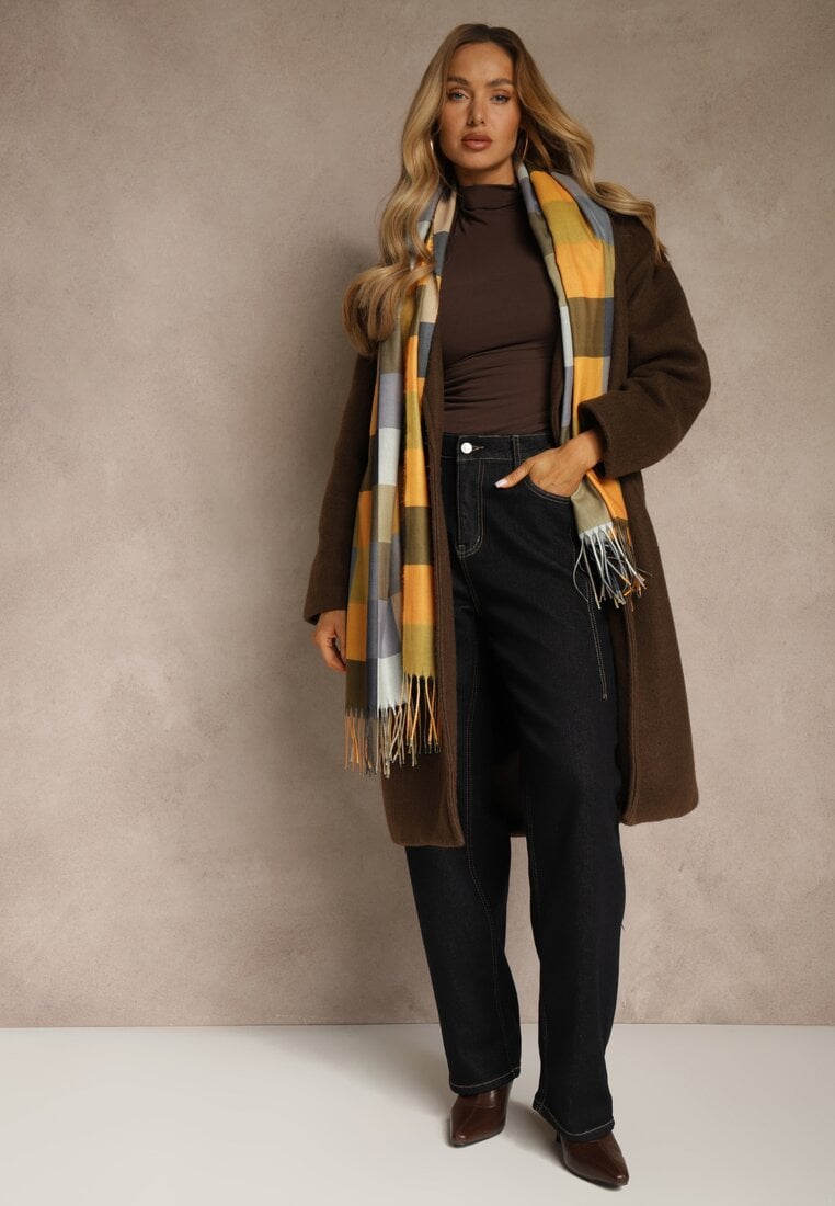 Żółty Wiskozowy Szalik z Frędzlami Zdobiony Wzorem w Kratę Etefera