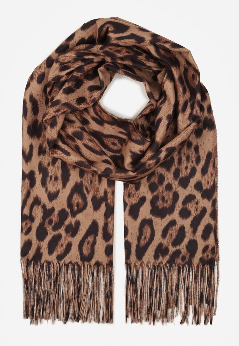 Brązowy Wiskozowy Szalik w Panterkę z Frędzlami Feriella
