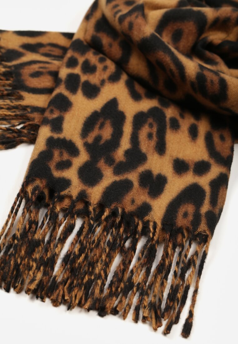 Brązowy Panterkowy Szalik z Wiskozy Zdobiony Frędzlami Ferialda