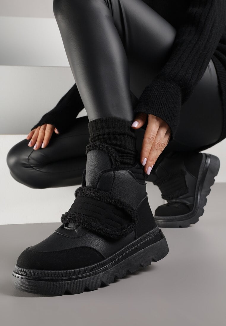 Czarne Śniegowce Ozdobione Futerkiem i Przeszyciami Newelara