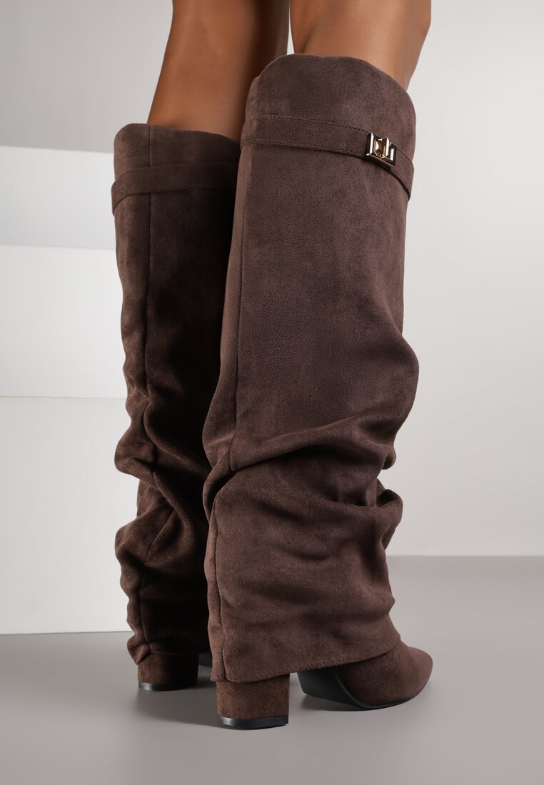 Brązowe Marszczone Kozaki na Słupkowym Obcasie z Wywiniętą Cholewką Runella