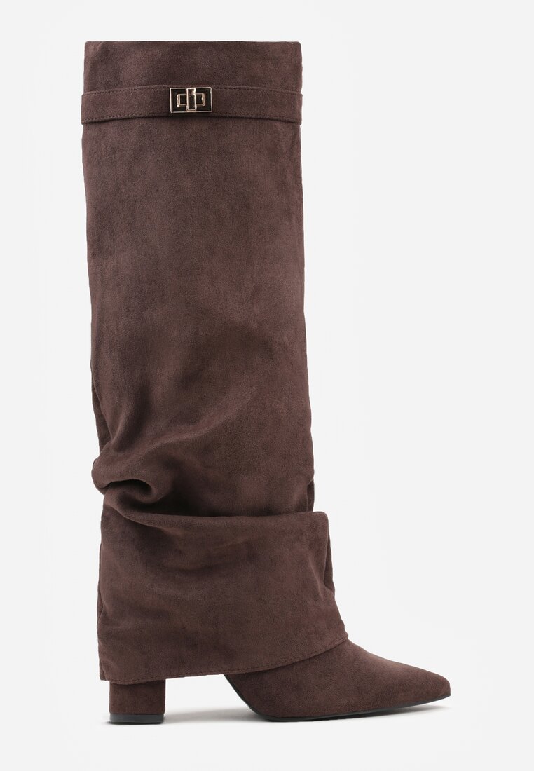 Brązowe Marszczone Kozaki na Słupkowym Obcasie z Wywiniętą Cholewką Runella