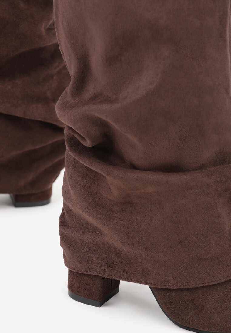 Brązowe Marszczone Kozaki na Słupkowym Obcasie z Wywiniętą Cholewką Runella