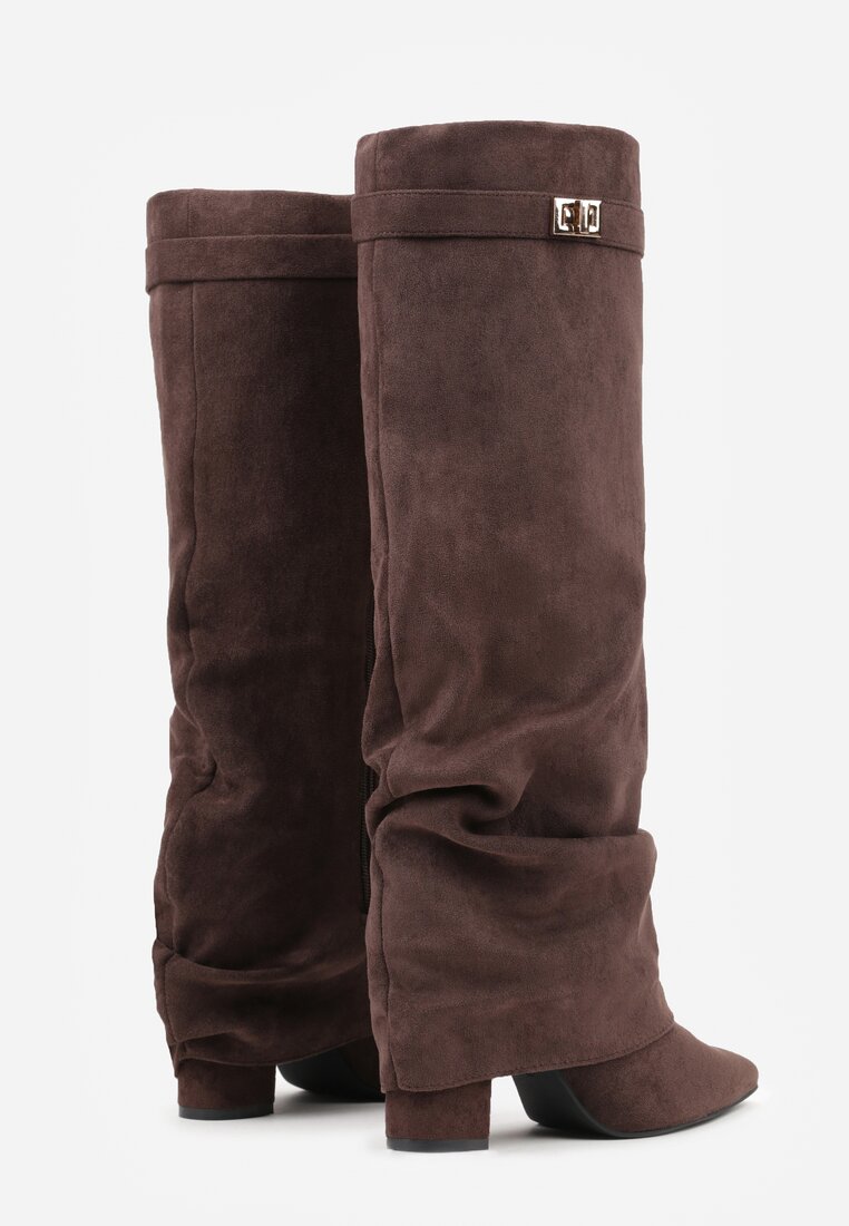 Brązowe Marszczone Kozaki na Słupkowym Obcasie z Wywiniętą Cholewką Runella