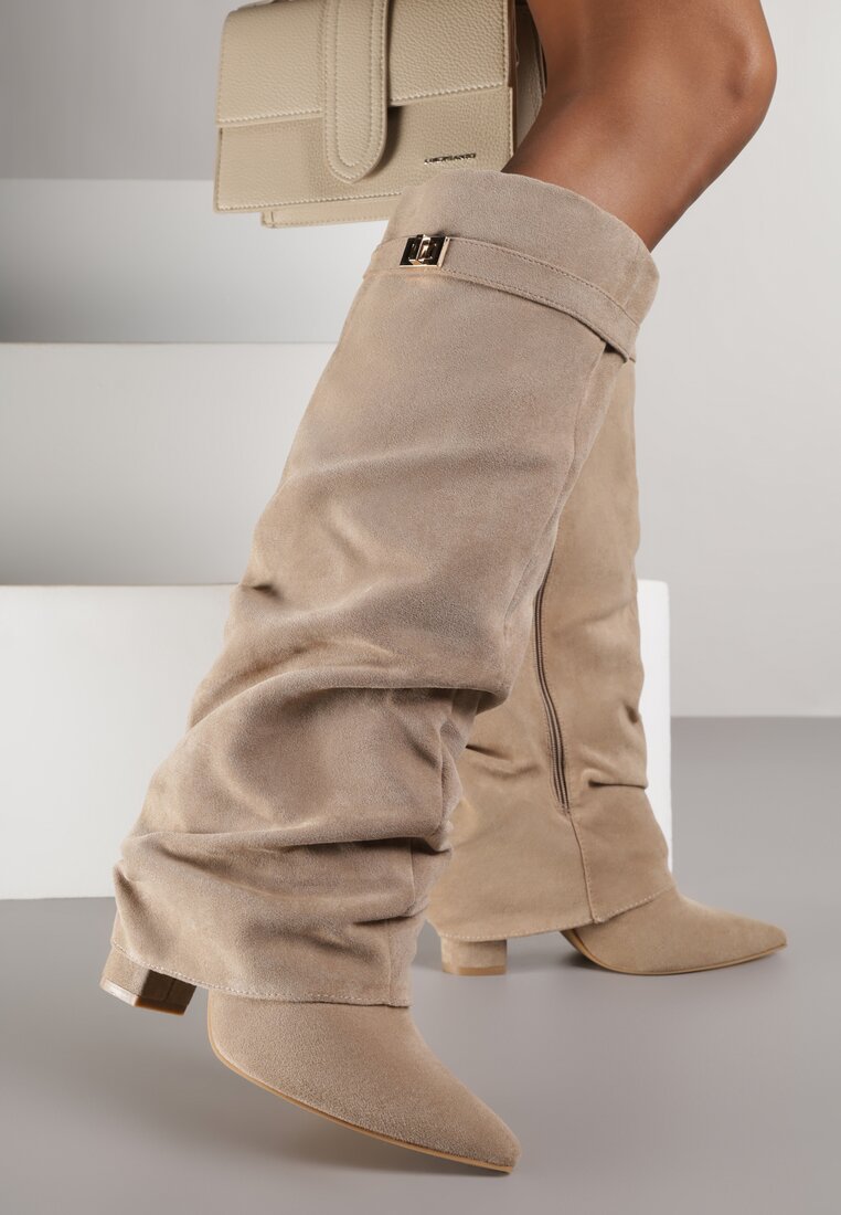 Ciemnobeżowe Marszczone Kozaki na Słupkowym Obcasie z Wywiniętą Cholewką Runella