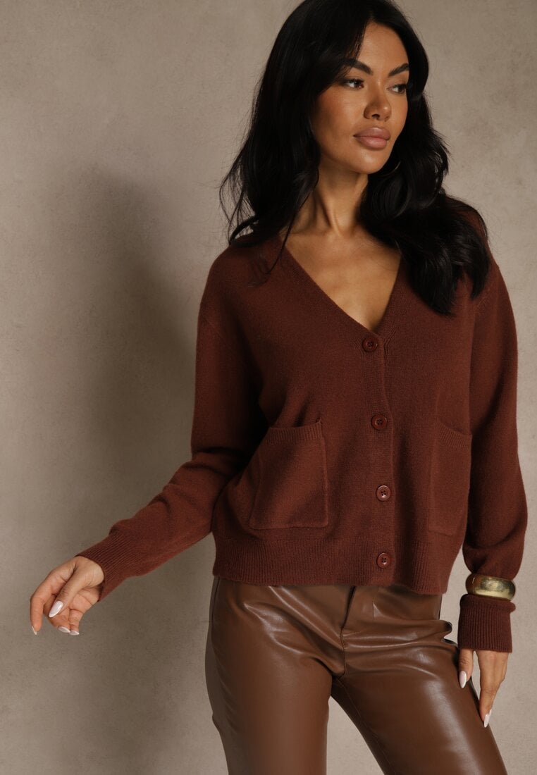 Brązowy Kardigan na Guziki z Domieszką Kaszmiru Vetiella