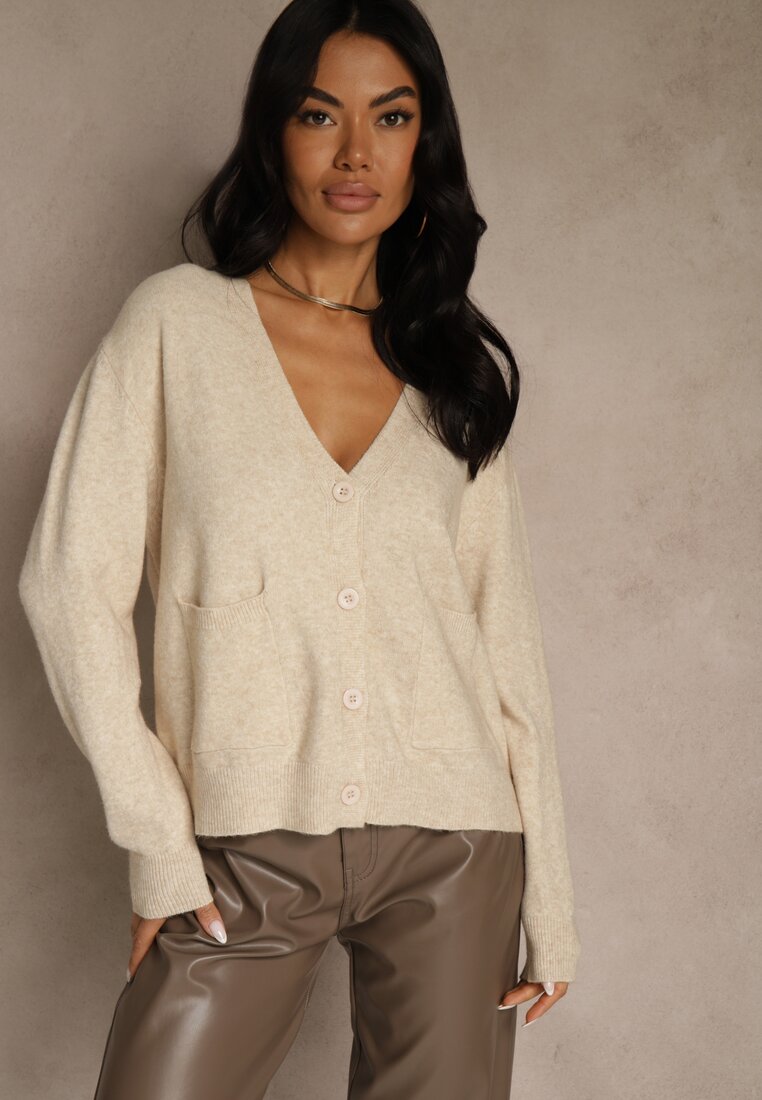 Beżowy Kardigan na Guziki z Domieszką Kaszmiru Vetiella
