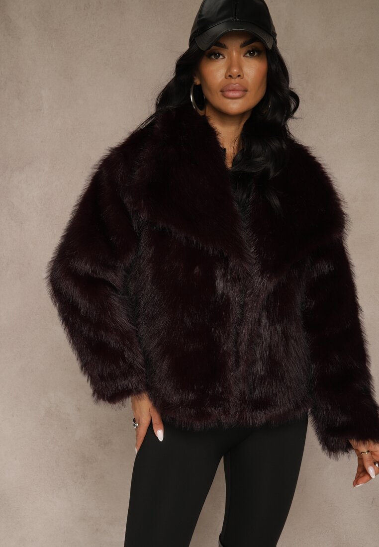 Bordowa Kurtka Futrzana Ozdobiona Kołnierzem Avelire