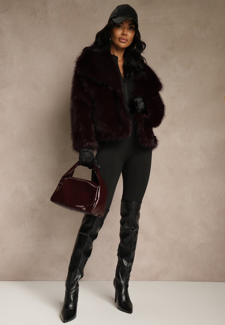 Bordowa Kurtka Futrzana Ozdobiona Kołnierzem Avelire