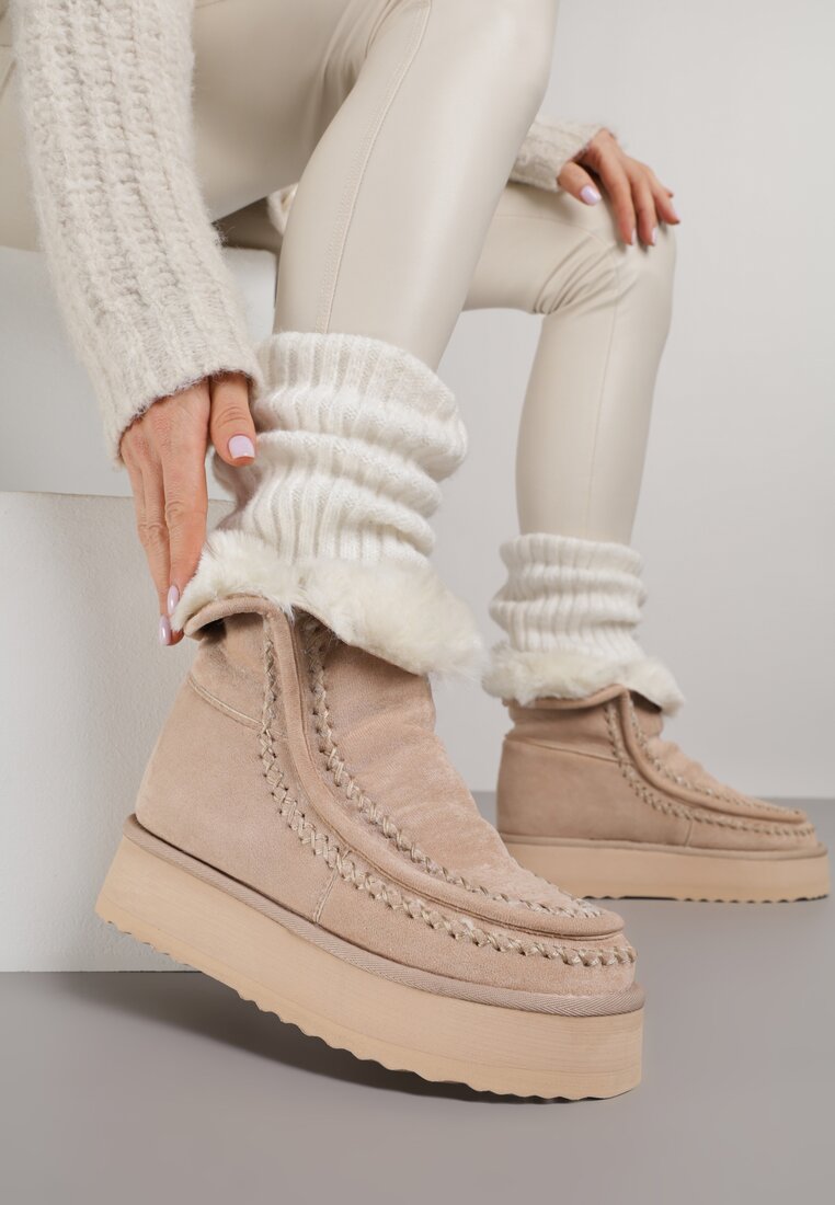 Beżowe Śniegowce Ozdobione Haftem Rawedena