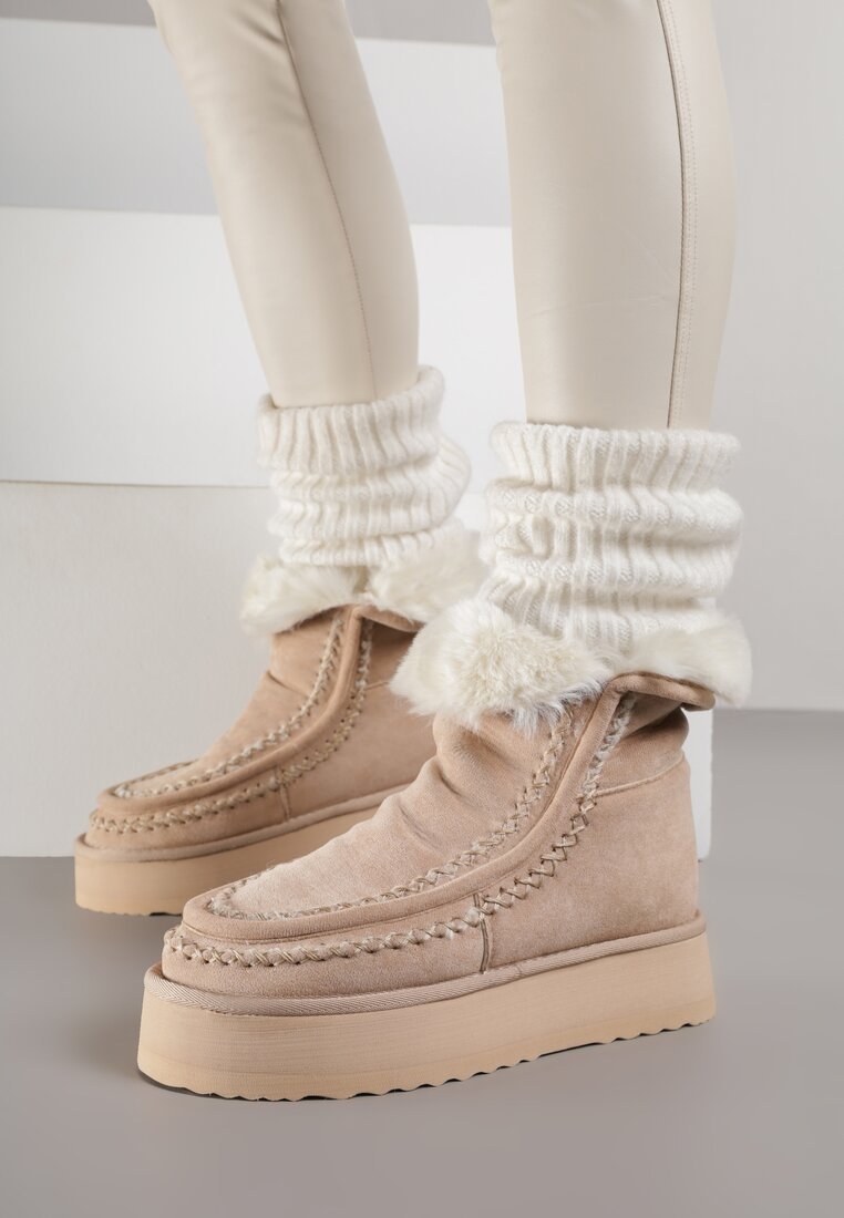 Beżowe Śniegowce Ozdobione Haftem Rawedena