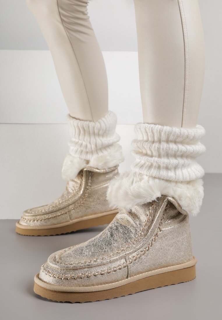 Złote Metaliczne Śniegowce Wsuwane Zdobione Futerkiem Vetirene