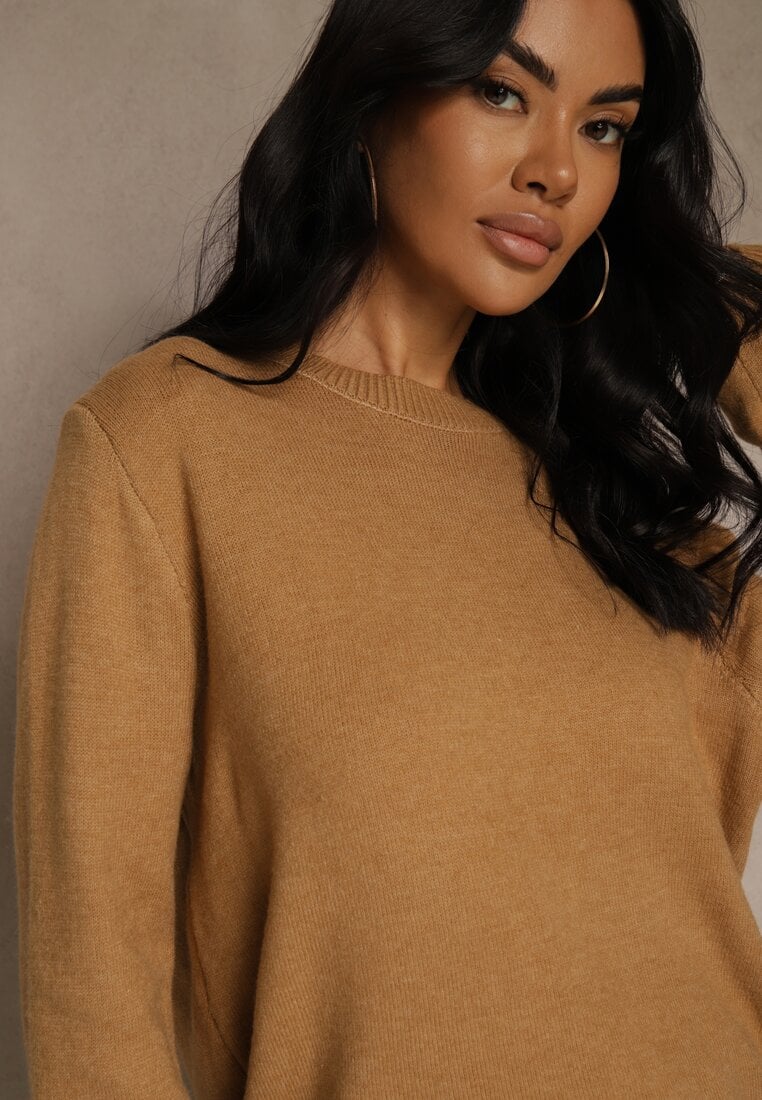 Brązowy Klasyczny Sweter z Wełną i Bawełną Bez Zdobień Neandia