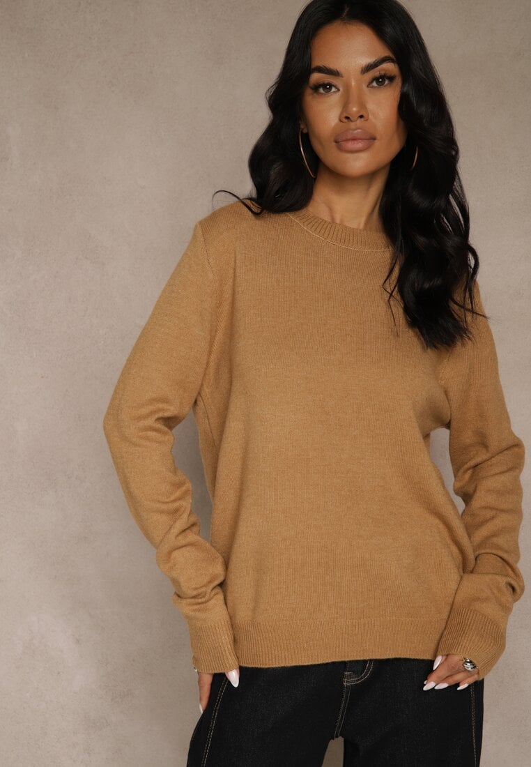 Brązowy Klasyczny Sweter z Wełną i Bawełną Bez Zdobień Neandia