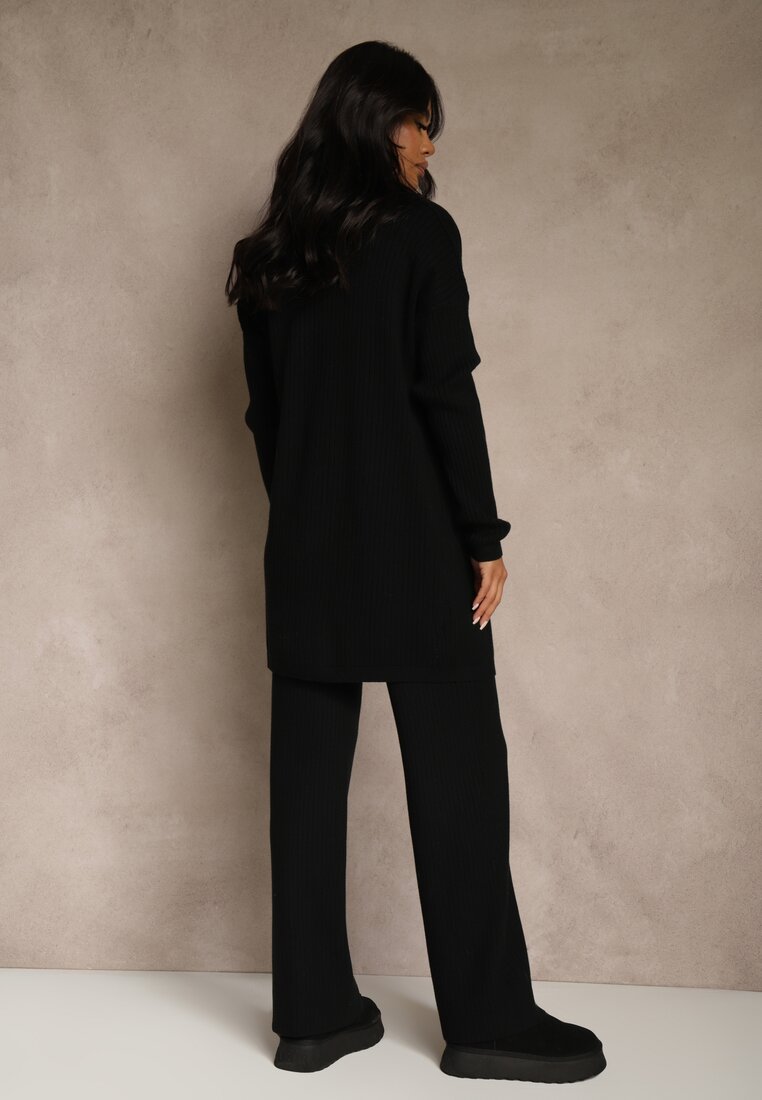 Czarny Komplet z Dzianiny z Wiskozą Spodnie Bluzka ze Stójką i Kardigan Vetisene