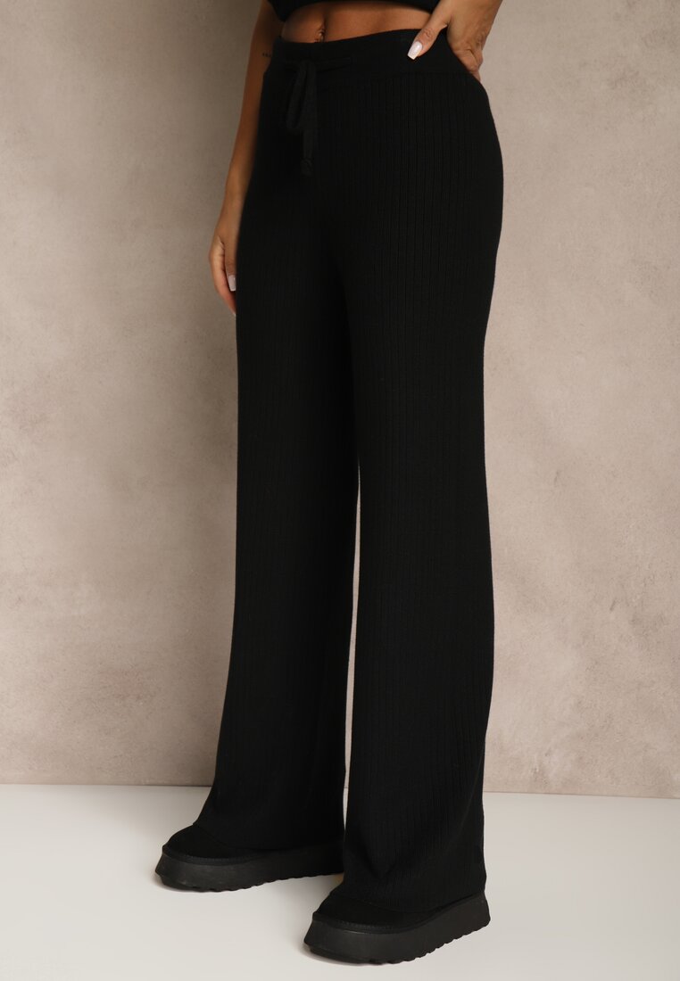 Czarny Komplet z Dzianiny z Wiskozą Spodnie Bluzka ze Stójką i Kardigan Vetisene