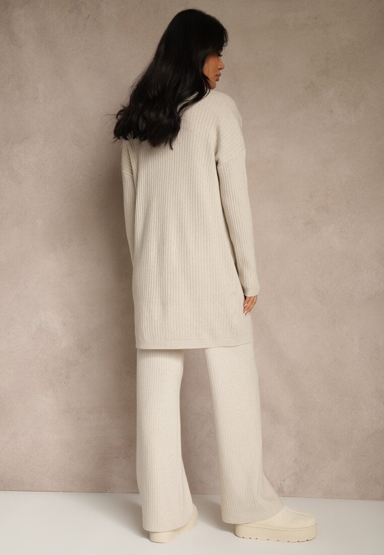 Beżowy Komplet z Dzianiny z Wiskozą Spodnie Bluzka ze Stójką i Kardigan Vetisene