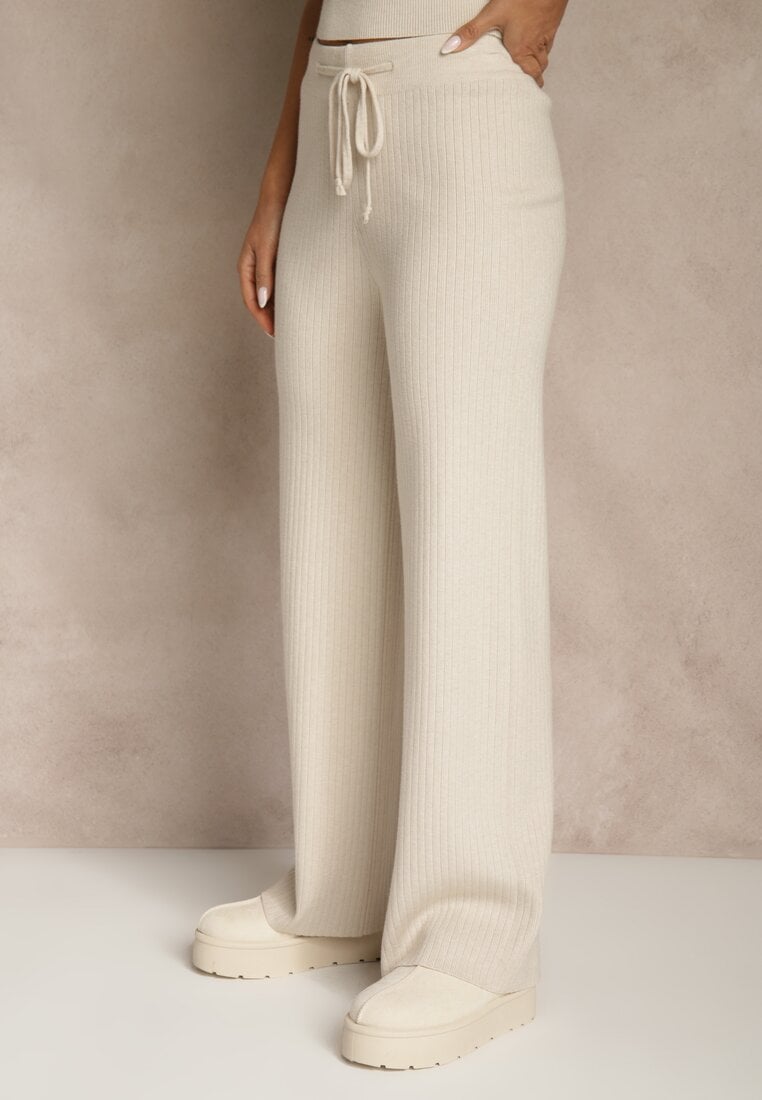 Beżowy Komplet z Dzianiny z Wiskozą Spodnie Bluzka ze Stójką i Kardigan Vetisene