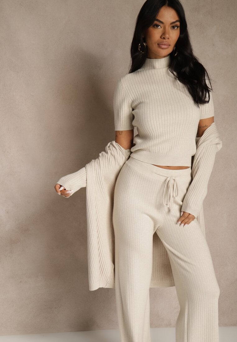 Beżowy Komplet z Dzianiny z Wiskozą Spodnie Bluzka ze Stójką i Kardigan Vetisene