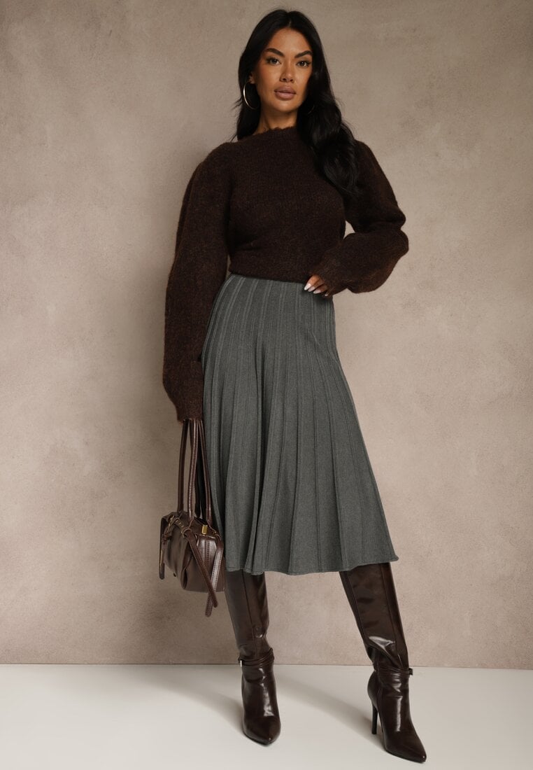 Ciemnoszara Dzianinowa Spódnica Plisowana o Rozkloszowanym Kroju Tuswia