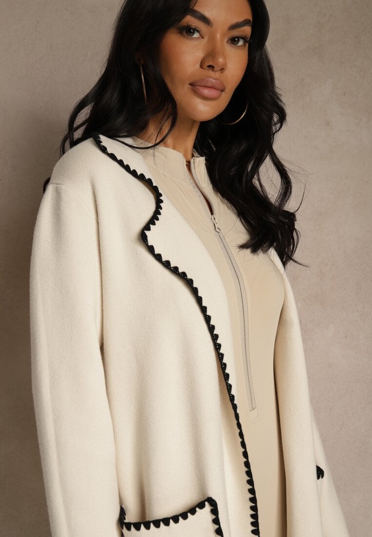 Beżowy Kardigan z Haftowaną Lamówką Tuscele